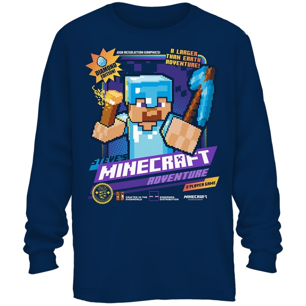 New! Minecraft Steve Long Sleeve T-Shirt 14/16 & 18/20